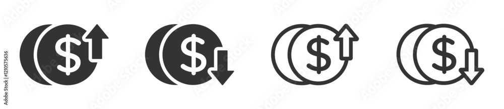 Dollar increase and decrease vector icons. Dollar rise and fall signs Dollar increase and decrease vector icons. Dollar rise and fall signs