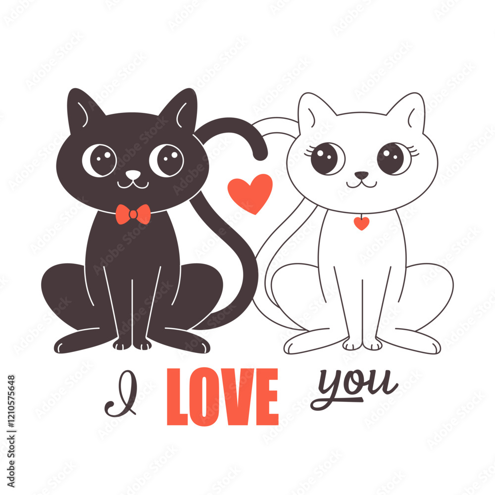 Obraz premium Cute cat couple in love. Animal love couple. Valentines Day greeting card. Vector doodle illustration, hand drawn design