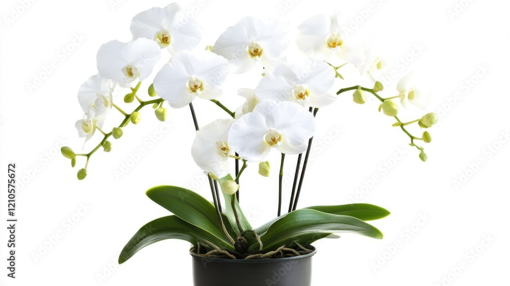 Obraz premium Elegant Phalaenopsis Orchids in White Flowerpot with Lush Green Leaves on Isolated Background