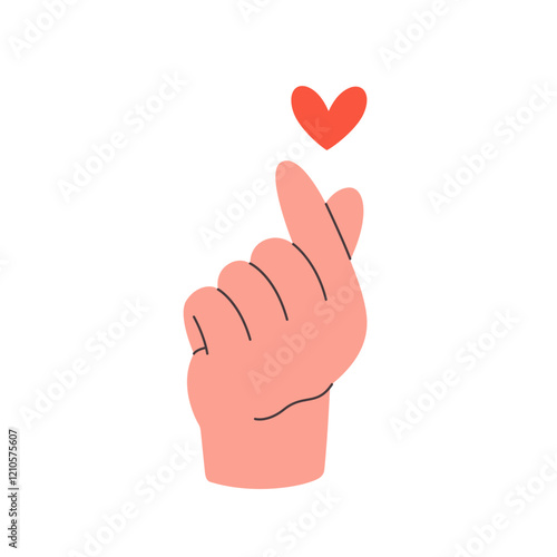 Hand with heart sign. Love finger gesture. Concept of love, romantic relationship, help, care, charity, philanthropy and donation. Vector illustration in flat style