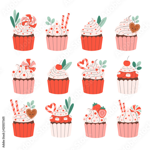 Sweet cupcakes with festive toppings. Valentines Day cupcakes. Vector illustration in flat style