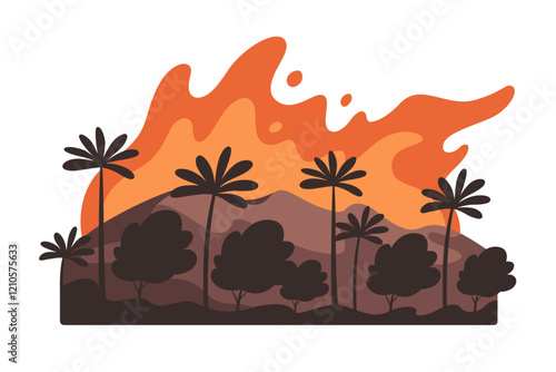 Wildfire, natural disaster. Cataclysm, catastrophe, destruction of nature. Forest in flame, dry weather, danger of drought. Vector illustration in flat style