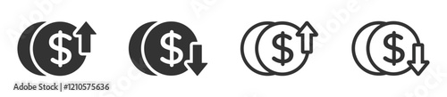 Dollar increase and decrease vector icons. Dollar rise and fall signs