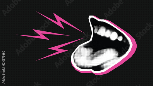 Open screaming mouth in vector halftone collage style. Contemporary advertising banner for sale, promotion and marketing