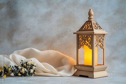 Handcrafted Wooden Ramadan Lamp Glowing Gently photo