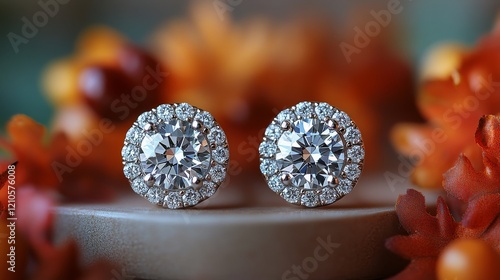 Elegant gold stud earrings featuring sparkling clear gemstones on plush display photo