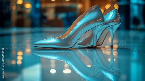High heel shoes displayed on glossy floor in modern indoor setting with warm ...