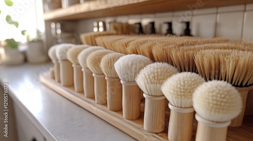 Craftsmanship of natural shaving brushes displayed in a modern grooming store