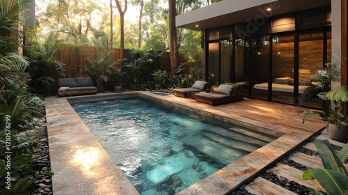 Luxurious backyard with a stunning pool, modern villa, and lush greenery in a...