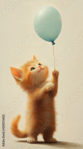 Adorable ginger kitten joyfully holding a blue balloon with a playful expression