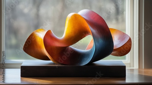 Colorful abstract sculpture displayed in natural light during late afternoon