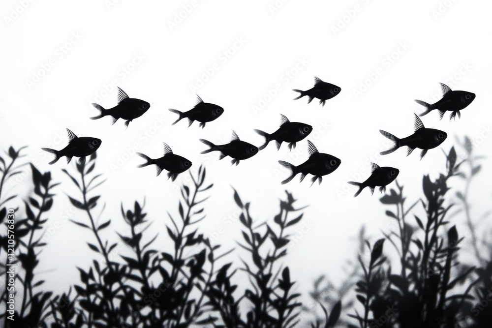 Silhouette of black fish swimming over aquatic plants against a white background. Silhouette of black fish swimming over aquatic plants against a white background.