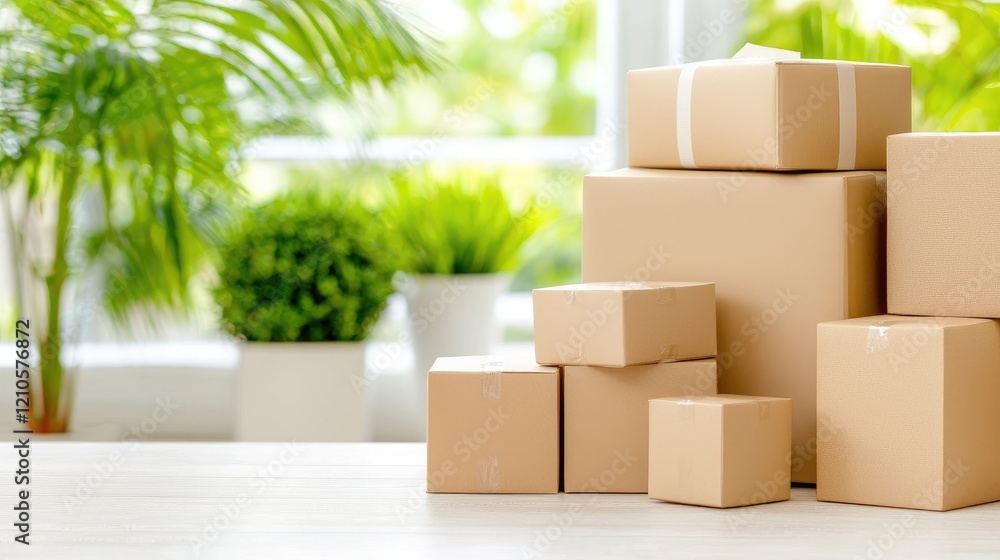 Cardboard boxes stacked near window, plants blurred background, home move, relocation Cardboard boxes stacked near window, plants blurred background, home move, relocation