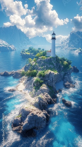 Lighthouse on a rocky island surrounded by turquoise waters and majestic moun...