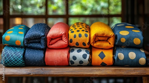 Colorful textiles arranged neatly in a cozy indoor setting showcasing vibrant...