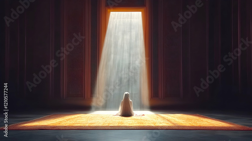 Woman meditates in sunlit temple doorway; spiritual peace photo