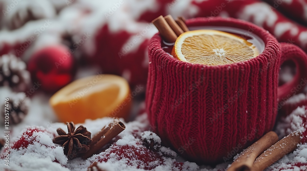 Cozy mulled wine in a knitted mug with orange slices and spices on snowy background. Cozy mulled wine in a knitted mug with orange slices and spices on snowy background.