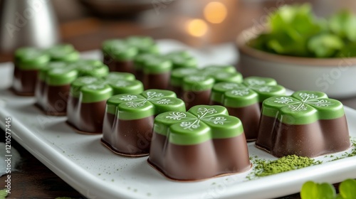 Delightful green and brown chocolates shaped like clovers arranged on a tray ...