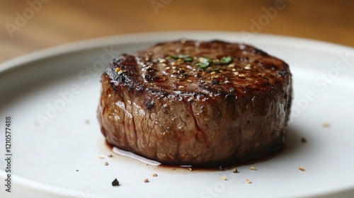 Perfectly cooked steak served on a plate with a rustic background