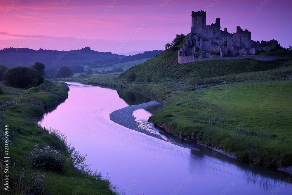 A grand castle ruin atop a hill, with a tranquil river winding through the valley below, bathed in twilight A grand castle ruin atop a hill, with a tranquil river winding through the valley below, bathed in twilight