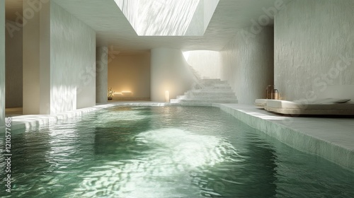 Modern spa interior featuring a tranquil swimming pool and elegant arches in ...