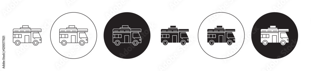 Campervan icons set in black filled and stroke line style Campervan icons set in black filled and stroke line style