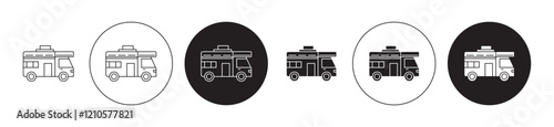 Campervan icons set in black filled and stroke line style