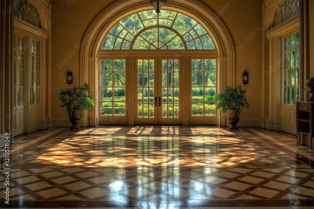 A grand entryway filled with natural light from a large arched window, highlighting intricate floor patterns A grand entryway filled with natural light from a large arched window, highlighting intricate floor patterns