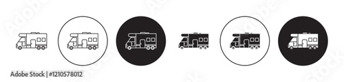 Caravan trailer icons set in black filled and stroke line style