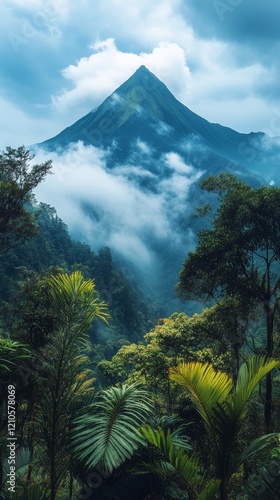 Majestic mountain peak surrounded by lush green forest and misty clouds in a ...