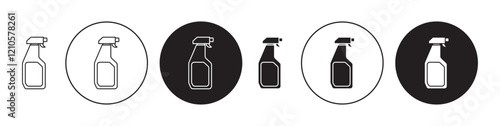 Cleaning spray icons set in black filled and stroke line style
