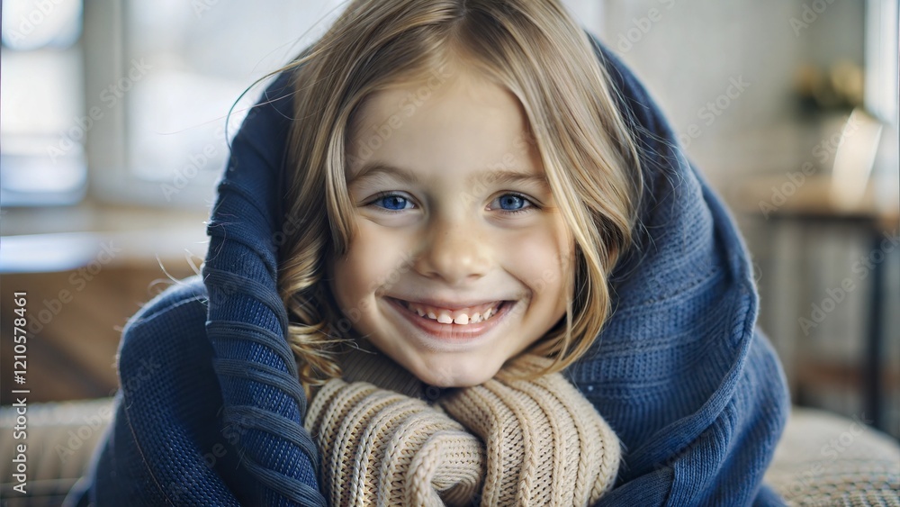 Cheerful young girl wrapped in a cozy blanket and scarf, smiling warmly in a comfortable indoor setting
Cheerful young girl wrapped in a cozy blanket and scarf, smiling warmly in a comfortable indoor setting