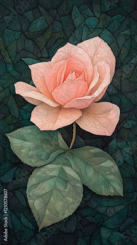 Beautiful pink rose with green leaves surrounded by dark foliage in a detaile...