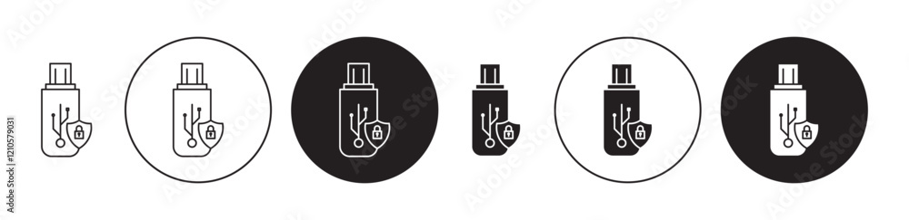 Encrypted pendrive icons set in black filled and stroke line style Encrypted pendrive icons set in black filled and stroke line style