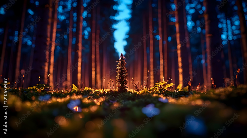 Fototapeta premium Young pine tree in dark forest at twilight; nature background