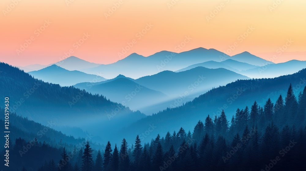 Obraz premium Mindful living with wellness and consciousness concept. Serene mountains with blue tones and a soft sunrise backdrop.