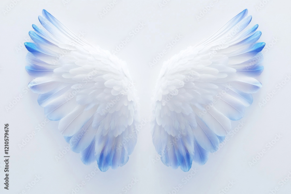 Fototapeta premium White angel wings with blue tips depicted against a soft white background create a serene and ethereal atmosphere in a minimalist setting