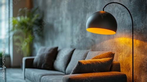 Modern living room with stylish lamp and cozy sofa in urban setting during ev...