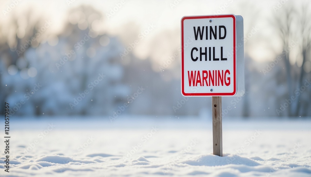 Wind Chill Warning sign in snowy field, winter weather alert Wind Chill Warning sign in snowy field, winter weather alert