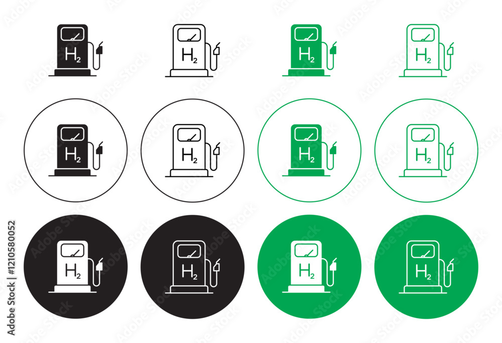 hydrogen fuel pump icons set in black filled and stroke line style hydrogen fuel pump icons set in black filled and stroke line style