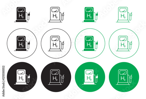 hydrogen fuel pump icons set in black filled and stroke line style