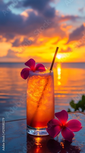 Refreshing sunset cocktail by the beach with vibrant flowers at golden hour