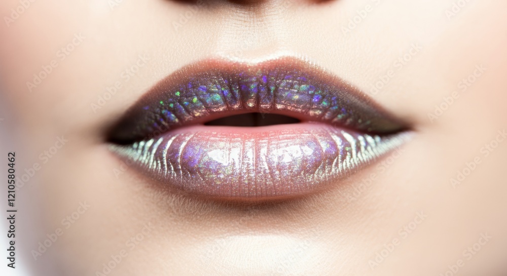 Obraz premium Holographic Lip Gloss Trend Iridescent Shine on Lips for Futuristic Beauty - Cosmetic Innovation in Skincare and Glamorous Makeup for Digital and Social Media Impact