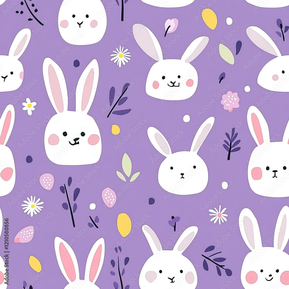 Cute cartoon bunnies on a purple background with floral elements Cute cartoon bunnies on a purple background with floral elements