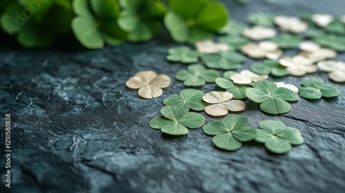 Fresh green clover leaves scattered on a dark surface in natural light