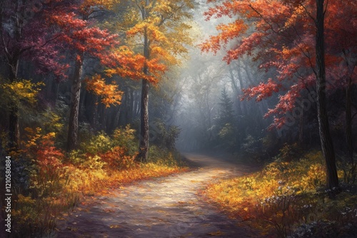 Autumn pathway through a colorful forest with misty surroundings