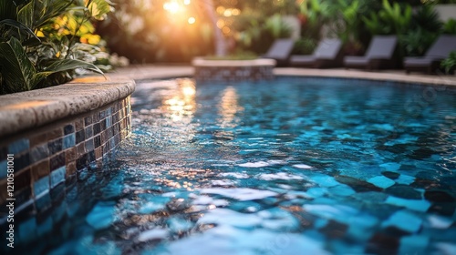 Tranquil poolside setting with vibrant water and lush surroundings during gol...