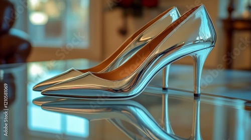Sleek silver high heels showcased in a modern boutique interior setting with ...
