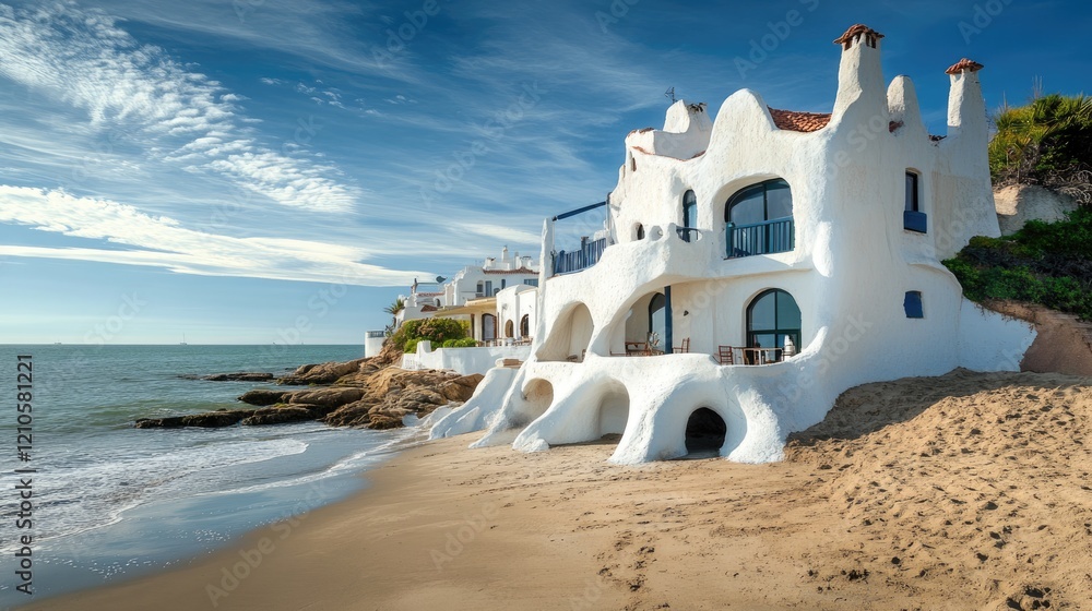 Obraz premium Stunning Casapueblo at Punta del Este Beach, Uruguay: A Beautiful Holiday Landmark with Breathtaking Blue Landscapes