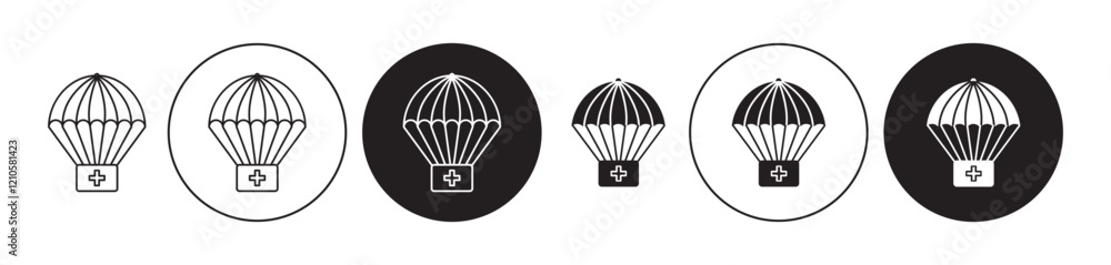 Parachute with first aid kit icons set in black filled and stroke line style Parachute with first aid kit icons set in black filled and stroke line style